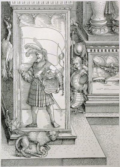 I. Maximilian német császár diadalíve 1459-1519: a portál oszlopalapjának részlete, amelyen egy etalont és koronás címert hordozó férfialak faragott domborműve látható, kocsma. 151718 woodc alkotó: Albrecht Dürer