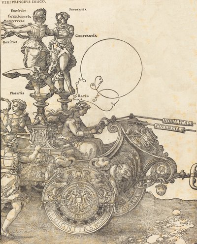 Maximilian I. diadalszekere A nagy diadalkocsi [8-as 2. tábla], 1523, latin kiadás. alkotó: Albrecht Dürer