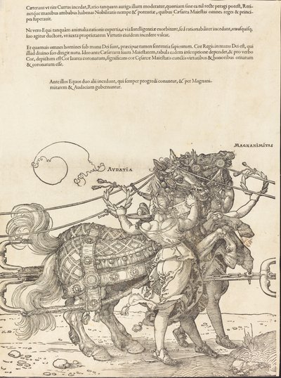 Maximilian I. diadalszekere A nagy diadalkocsi [8/7. tábla], 1523, latin kiadás. alkotó: Albrecht Dürer