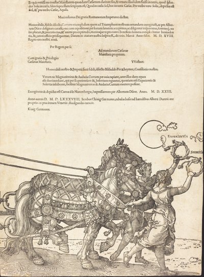 Maximilian I. diadalszekere A nagy diadalkocsi [8/8. tábla], 1523, latin kiadás. alkotó: Albrecht Dürer