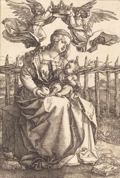 A két angyal által megkoronázott szűz és gyermek, 1518. alkotó: Albrecht Dürer