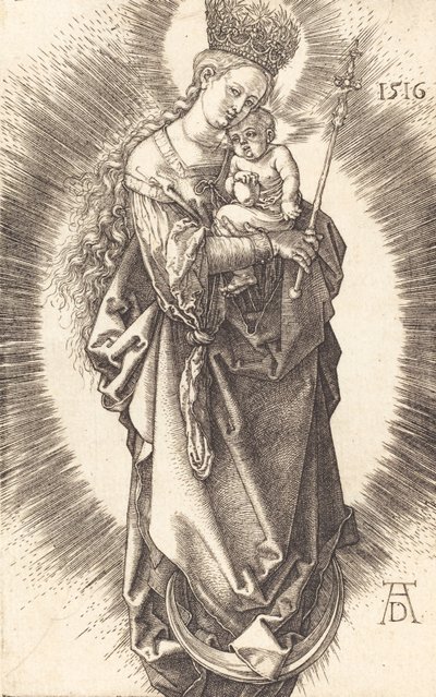 Szűz és gyermek a félholdon, jogarral és csillagos koronával, 1516. alkotó: Albrecht Dürer