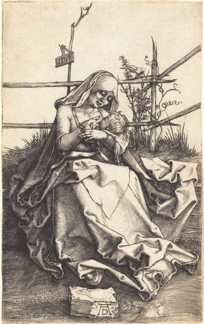 A szűz és a gyermek egy füves padon alkotó: Albrecht Dürer