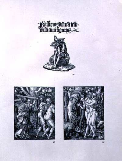 Három oldal a Kis passió sorozatból: (felső) címlap Krisztus mint a fájdalmak emberével és latin felirattal; (balra) A Kiűzetés a Paradicsomból; (jobbra) Ádám és Éva, kocsma. 1511 alkotó: Albrecht Dürer
