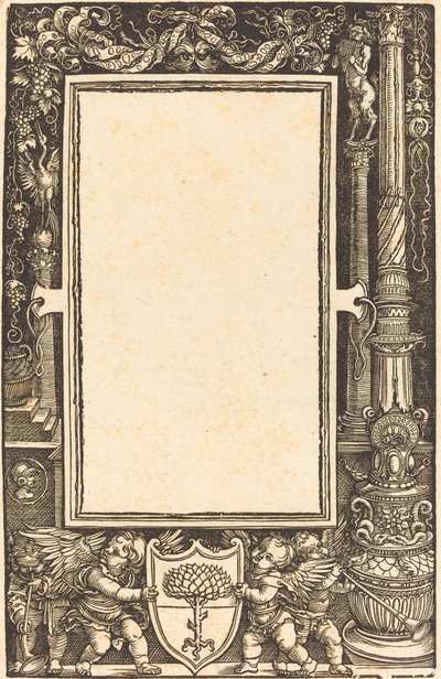 Címhatár Pirckheimer fegyvert tartó Puttival, valószínűleg 1513. alkotó: Albrecht Dürer