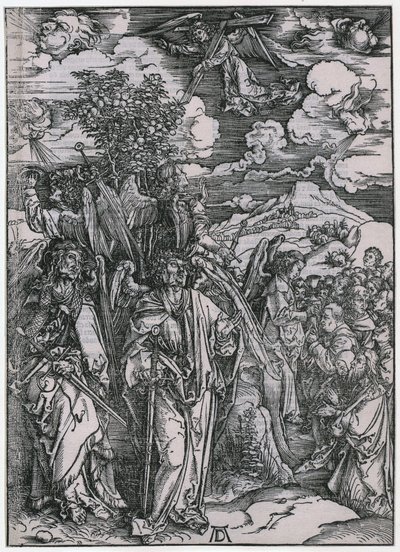 Négy angyal, akik visszatartják a szeleket / A kiválasztottak megpecsételése, V. alak, a „Jelenések” sorozat 7. lapja alkotó: Albrecht Dürer