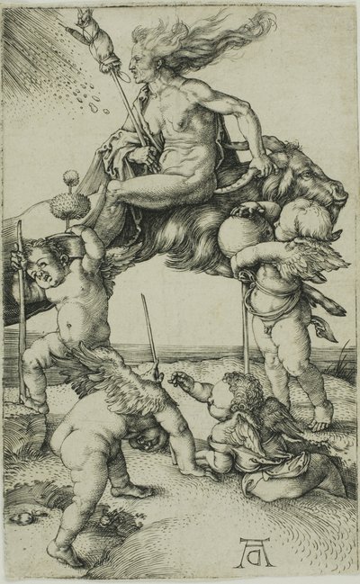 Boszorkány, aki hátrafelé lovagol egy kecskén alkotó: Albrecht Dürer