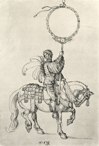 Fiatal lovas, mint koszorútartó alkotó: Albrecht Dürer