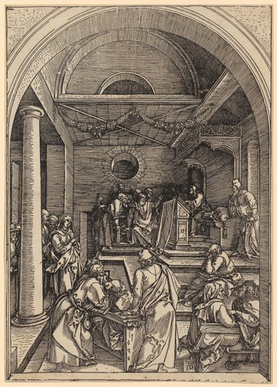 A tizenkét éves Jézus a templomban, a „Mária élete” című sorozat 16. lapja alkotó: Albrecht Dürer