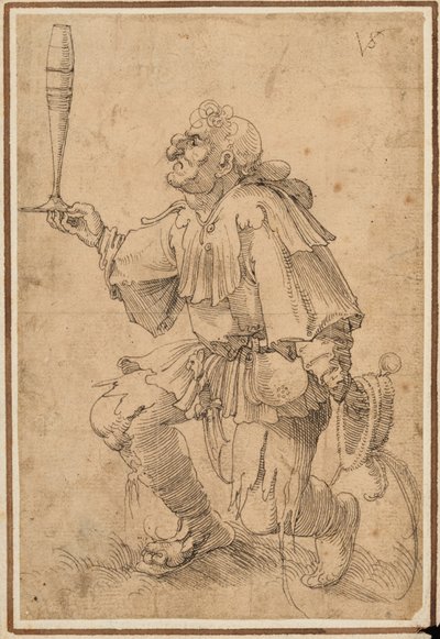 Egy groteszk férfi térdel, magas söröspoharat tart a tövénél alkotó: Albrecht Dürer
