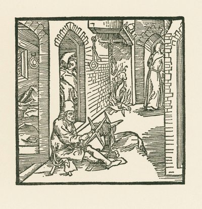 Egy kötélverő meglát egy szerzetest, amint elhagyja hűtlen felesége kamráját. alkotó: Albrecht Dürer or Duerer