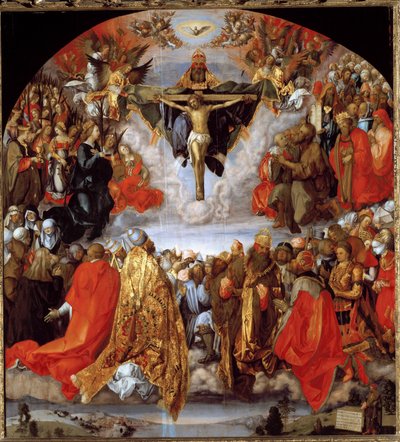 Isten, Jézus Krisztus és a Szentlélek galambja (Mindenszentek oltárképe) (olaj, fa alkotó: Albrecht Dürer
