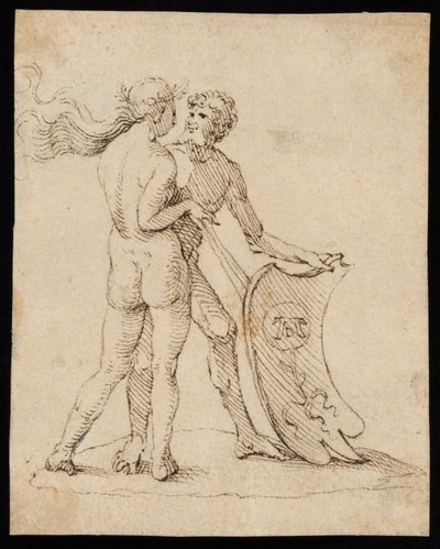 Meztelen nő és férfi Willibald Pirckheimer címerével ellátott pajzzsal alkotó: Albrecht Dürer