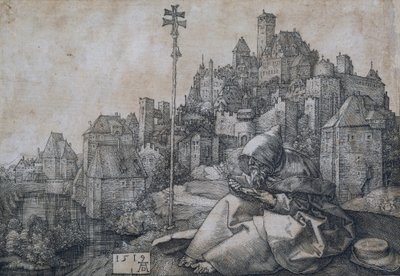 Szent Antal a város előtt ül - Albrecht Durer (1471-1528) rézmetsze alkotó: Albrecht Dürer