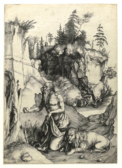 Bűnbánó Szent Jeromos, 1497 körül (Burin-metszet) alkotó: Albrecht Dürer