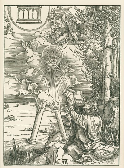 Szent János elnyeli az angyal által bemutatott könyvet. Szent János Jelenései, 1498 körül (fametszet) alkotó: Albrecht Dürer or Duerer