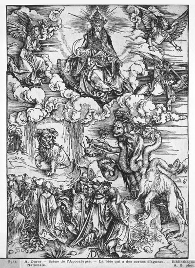 Jelenet az Apokalipszisből, A hétfejű és tízszarvú sárkány (fametszet) (f/w fotó) alkotó: Albrecht Dürer