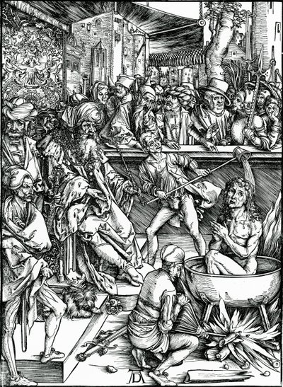 Szent János evangélistát egy kádban forrásban lévő olajban kínozzák, az „Apokalipszis” sorozatból alkotó: Albrecht Dürer