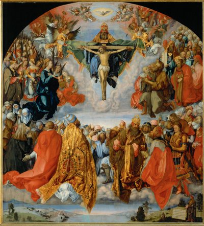 A Szentháromság imádása, jobbra lent Duerer önarcképével (olaj, nyárfa) alkotó: Albrecht Dürer or Duerer