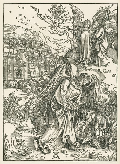 Az angyal a kulccsal, amint a sárkányt a mélységbe taszítja, és egy másik angyal, amint Szent Jánosnak mutatja az új Jeruzsálemet, 1497-98 körül (fametszet). alkotó: Albrecht Dürer or Duerer