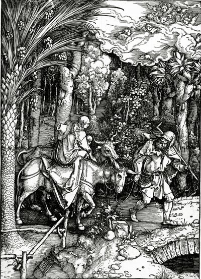 A menekülés Egyiptomba, a „Szűz élete” sorozatból, 1511-ben (fametszet) alkotó: Albrecht Dürer