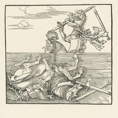 A külföldi torna. Maximilian kiemelte ellenfelét, Jacop de Heri-t a nyeregből, 1517-18 körül (fametszet). alkotó: Albrecht Dürer or Duerer