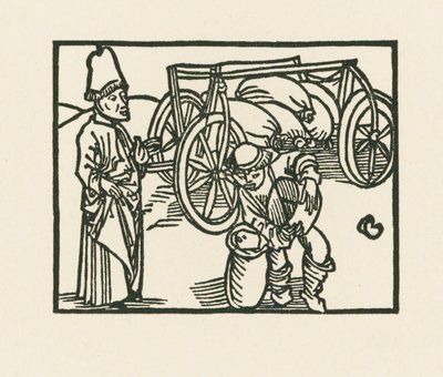 A pap zsákot tart egy szekéren, és zabot tesznek bele, 1489-90 körül (fametszet). alkotó: Albrecht Dürer or Duerer
