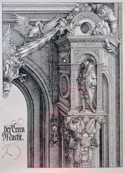 I. Maximilianus császár diadalíve (1459-1519): a központi boltív (a Becsület és Hatalom Kapuja) részlete, amelyen egy lombos és animált oszlopfő látható, amely egy építészeti fülkében álló lovagot, egy függő cartou egyik oldalát tartó alakot támaszt. alkotó: Albrecht Dürer