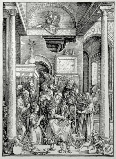 Szűz és gyermek a szentekkel (fametszet) alkotó: Albrecht Dürer