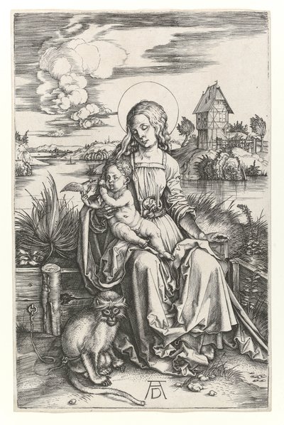 Szűz a majommal, 1498 körül (Burin-metszet) alkotó: Albrecht Dürer
