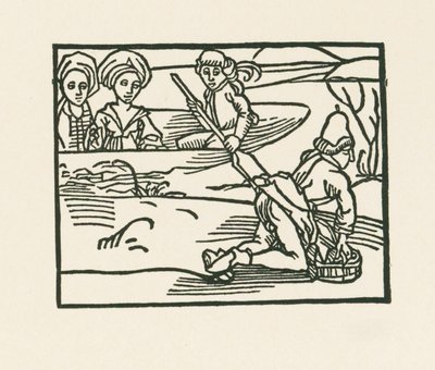 A hercegnő egy csónakban a vízen, ahol a pap az alsóneműjét mossa, 1489-90 körül (fametszet). alkotó: Albrecht Dürer or Duerer