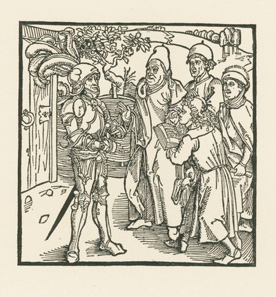 A lovag két írástudót és két papot bíz meg a könyv összeállításával. alkotó: Albrecht Dürer or Duerer