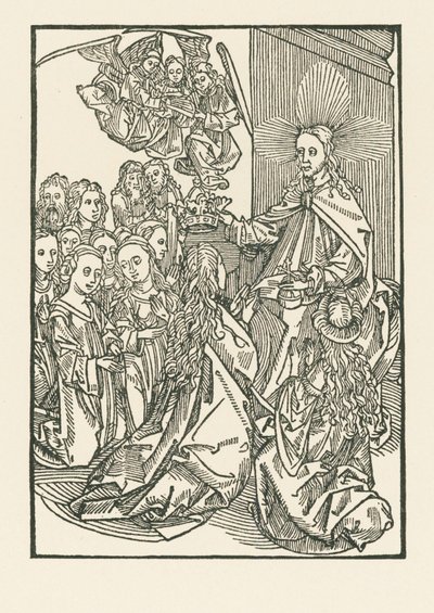 A kiválasztottak jutalma, amelyet a szentek által körülvett Mária megkoronázása jelképez. alkotó: Albrecht Dürer or Duerer