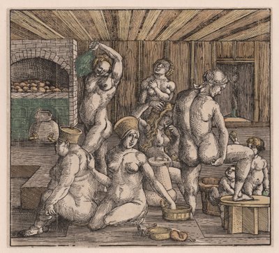 A női fürdő, Duerer, Albrecht (1471-1528). Fametszet, akvarell, c. 1500. Méretek: 21,8x23,9 cm. Magángyűjtemény alkotó: Albrecht Dürer
