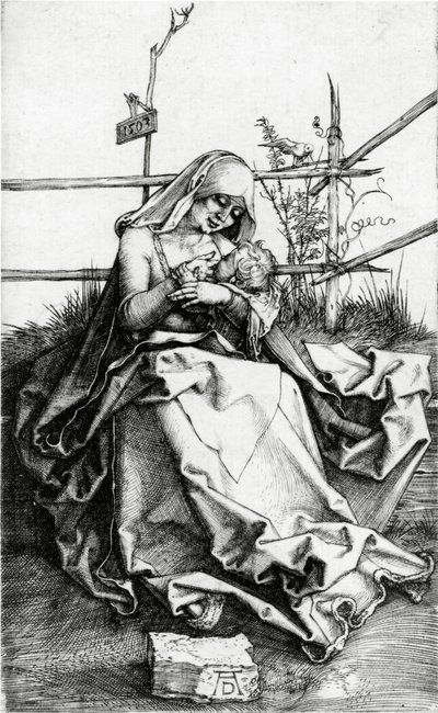 Szűz és gyermek egy füves padon ülve alkotó: Albrecht Dürer