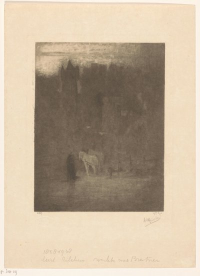 Figura és két ló a ködben lévő kastélyban alkotó: Albrecht Felix Reicher (signed by artist)