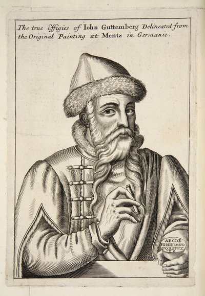John Guttemberg, a Mechanick Exercises: or The Doctrine of Handy-Works alkalmazva a Nyomdaművészetre, pub. 1683 alkotó: Albrecht after Mentz