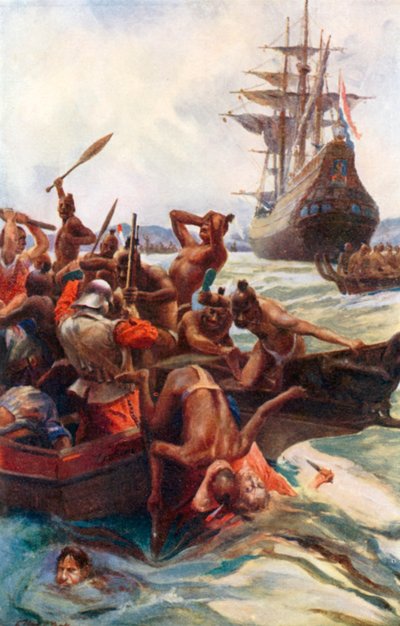 Tasman embereit megtámadták a bennszülöttek Új-Zéland partjainál (színes litográfia) alkotó: Alec Ball