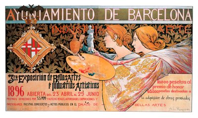 Plakát az 1896-os barcelonai „Képzőművészeti és művészi iparágak kiállításához” – Alexandre de Riquer i Ynglada litográfiája (1856-1920) alkotó: Alejandro de Riquer