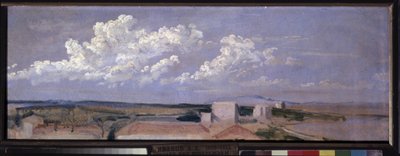 Felhők a tenger partján. Táj néhány házzal a part mentén, tetején nagy fehér felhők. Alekszandr Andrejevics Ivanov (1806-1858) munkája, olaj, papír alkotó: Aleksandr Andreevich Ivanov