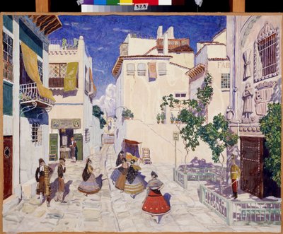Une rue a Sevilla (Spanyolország), Georges Bizet (1838-1875) Carmen című operájának dekorációja (Egy utca Sevillában, Színpad G.Bizet Carmen című operájához). Alekszandr Jakovlevics Golovin (Alexander Golovin) (1863-1930) munkája, tempera papíron alkotó: Aleksandr Jakovlevic Golovin