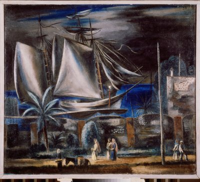 Port marin, la nuit (Egy magas hajó kiköt a Fekete-tengeren) - Tengeri kikötő éjjel - Alekszandr Vasziljevics Sevcsenko (1883-1948) festménye, olaj, vászon alkotó: Aleksandr Vasilievich Shevchenko