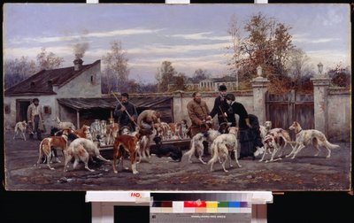 Egy kennelben. Egy vadászkutya kennel udvarán egy házaspár jött kutyát választani. A nő a tenyésztő által felajánlott kiskutyára mutat. Az alkalmazottak gondoskodnak a kutyák etetéséről. Alekszej Danilovics Kivsenko festménye (1 alkotó: Aleksei Danilovich Kivshenko