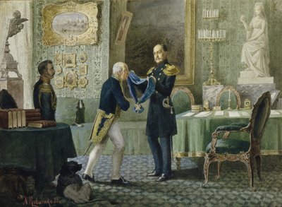 I. Miklós császár a Szent András-rend kék szalagját adományozza Michail Szperanszkij grófnak, 1880 alkotó: Aleksei Danilovich Kivshenko