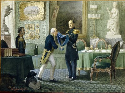 I. Miklós orosz császár (1796-1855) a Szent András-rend Kékszalagját ajándékozza Mihail Speranski (1772-1839) grófnak. (I. Miklós császár Michail Szperanszkij grófnak adományozza a Szent András-rend kék szalagját). Alekszej Danilovics munkája alkotó: Aleksei Danilovich Kivshenko