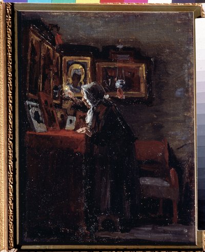 Vallási lakoma előtt (Vallásos ünnep előtt) - Alekszej Fjodorovics Afanasjev (Alexis Afanasyev) festménye (1850-1920) - Olaj, vászon, 41 x 31,5 cm alkotó: Aleksei Fyodorovich Afanasyev