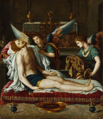 Le Corps du Christ oint par deux anges - Két angyal által felkent Krisztus teste - Allori, Alessandro (1535-1607) - kb 1593 - Olaj, réz - 45x39 - Szepmuveszeti Múzeum, Budapest alkotó: Alessandro Allori