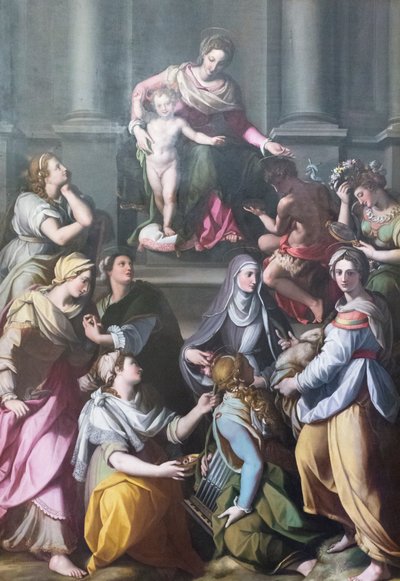 Madonna Childdel trónol, szentekkel és alakokkal körülvéve alkotó: Alessandro Allori