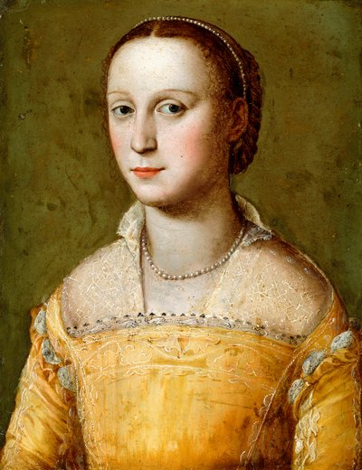 Eleanora d"Este portréja, félalakos, arany ruhát visel, alkotó: Alessandro Allori