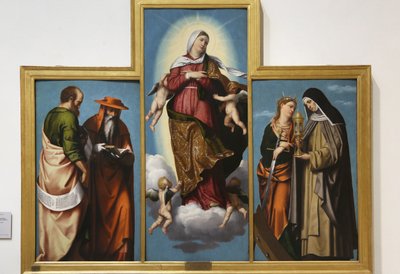 Szűz mennybemenetele Szent Márkkal és Szent Jeromossal, Alexandriai Szent Katalinnal és Szent Klárával, 1529 körül (olaj, vászon) alkotó: Alessandro Bonvicino Moretto